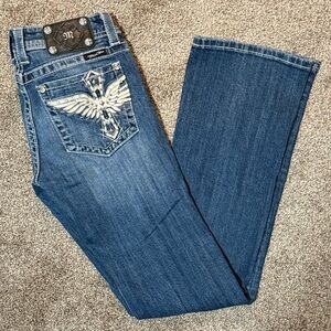 Miss Me Low Rise Dark Blue Boot Cut Jeans with Embellished Angel Wing Cross